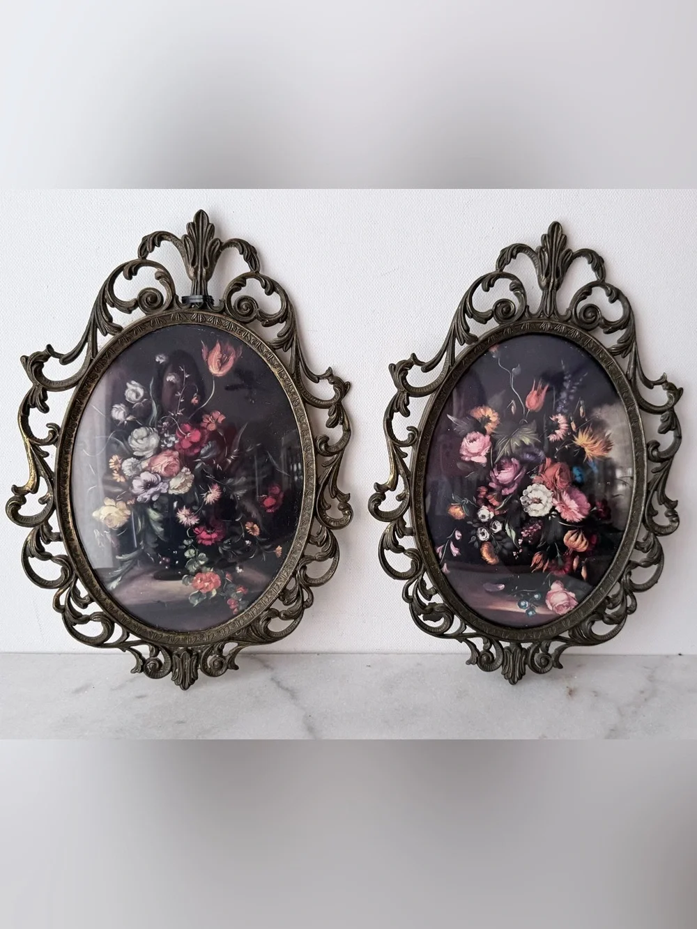 Vintage Floral Still Life Wall prints Ornate Brass-Tone Frames set of 2